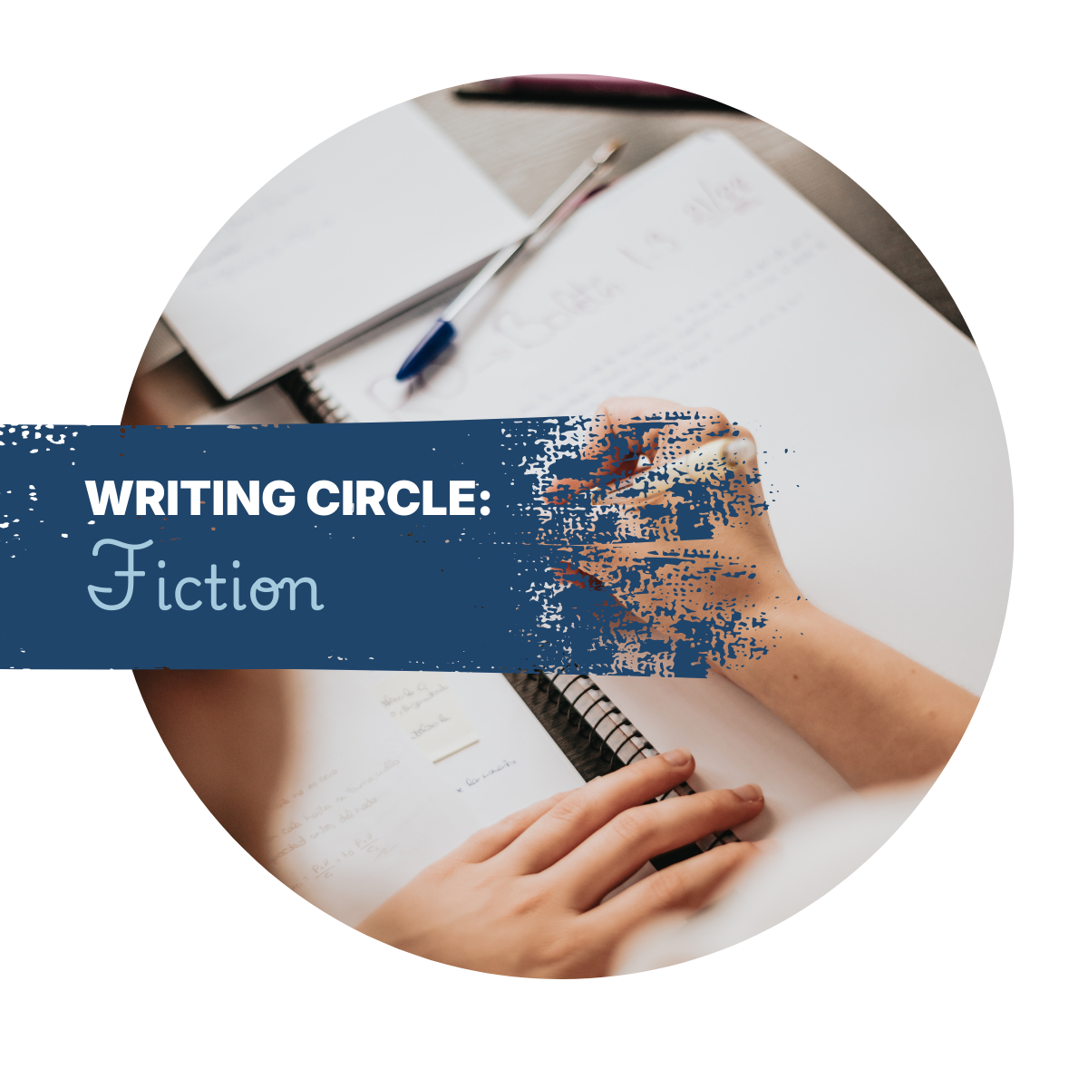 Image of a person writing in a notebook with the title fiction