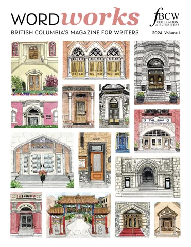A magazine cover of a drawing of several entrances to various buildings