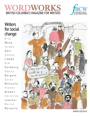 A magazine cover featuring a drawing of several people standing around